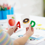 A child looking at images and letters as part of a task on phonemic awareness